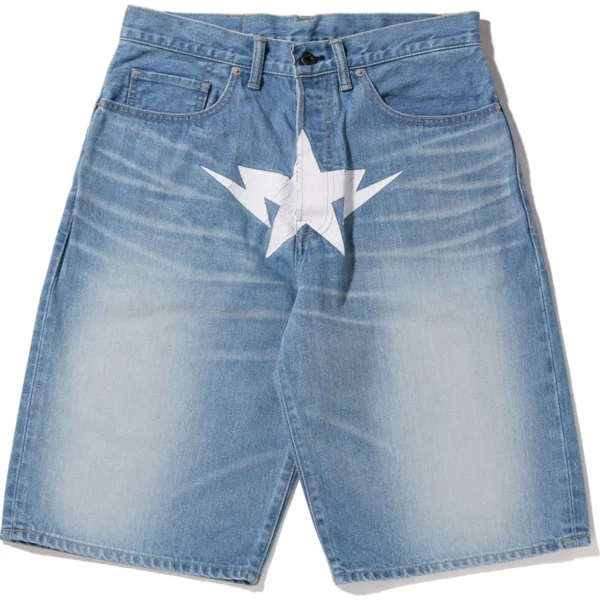 BAPE TWIN STA DENIM SHORTS MENS-BLUE