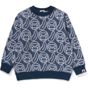 BAPE BANANA MILO KNIT JACQUARD CREWNECK SWEATSHIRT KIDS-NAVY