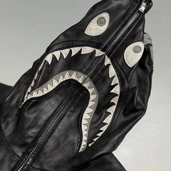 BAPE x coach shark full zip hoodie leather jacket black